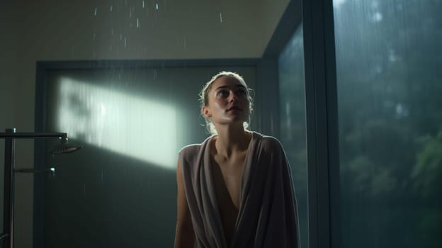 Woman after showering looking surprised