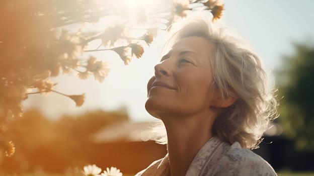 beautiful woman with smile during sunrise in beautiful nature. In the style of feminine empowerment