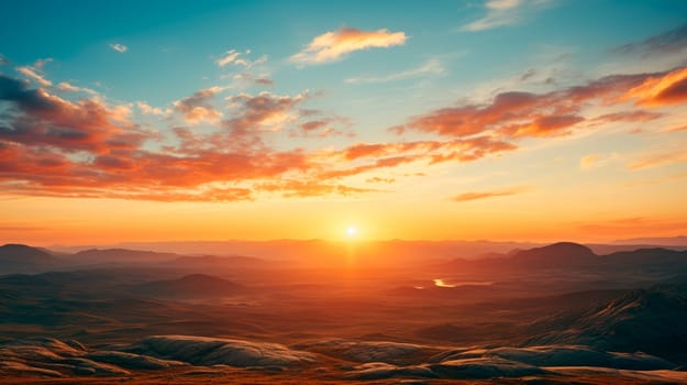 Beautiful landscape panoramic image of rural fields in mountains under cloudy sky in evening light. AI generated