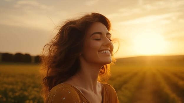 beautiful woman with smile during sunrise in beautiful nature