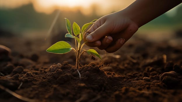 Young child hands planting a tree and caring for nature