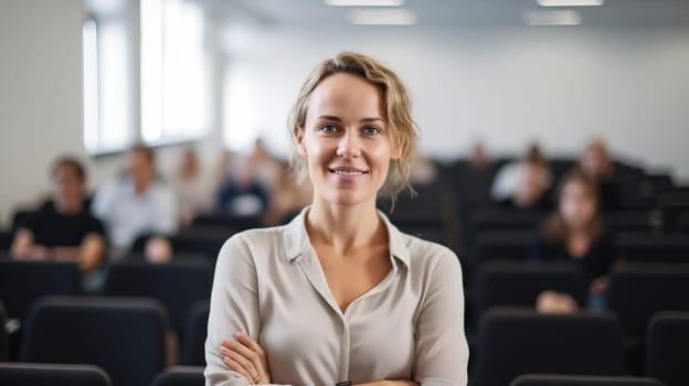 Portrait o young woman teacher or seminar coach