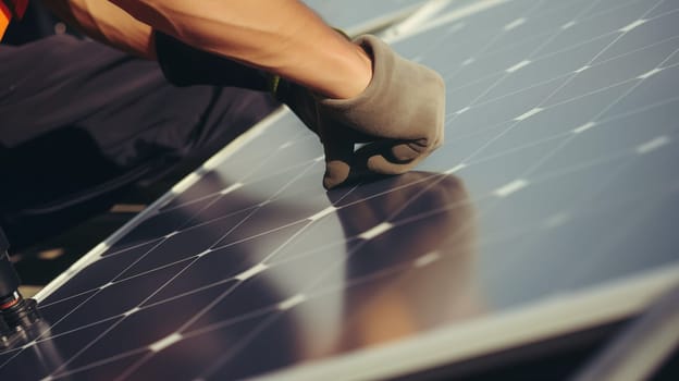 man worker fixes or mounting solar panels on the roof. detail shot. Sunlight, solar energy