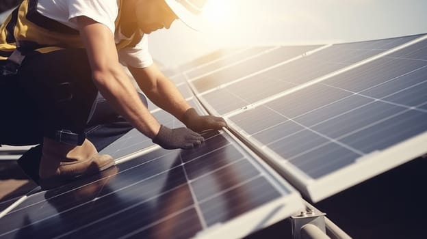 man worker fixes or mounting solar panels on the roof. detail shot. Sunlight, solar energy
