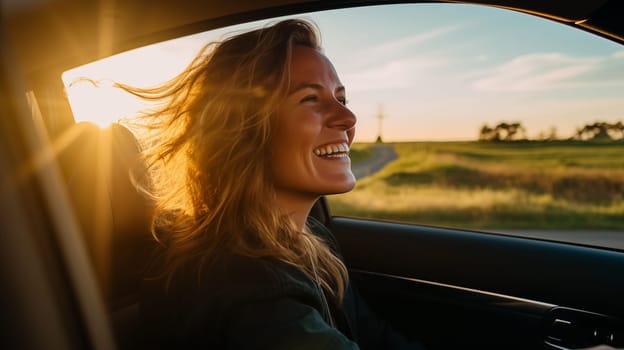 smiling and happy young woman inside a car driving countryside at sunrise