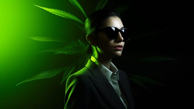 Rich Businesswoman iwith canabis plant isolated