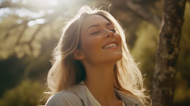 beautiful woman with smile during sunrise in beautiful nature. In the style of feminine empowerment