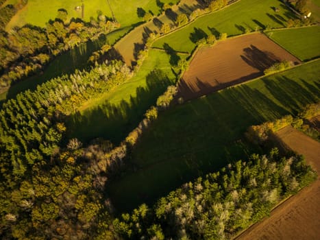 Forest and hills landscape at sunrise in  wintertime in Aveyron France