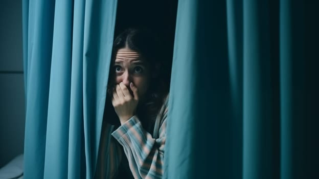 Woman scarred behind curtain feeling fear