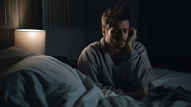 Man suffering from depression in in bedroom. Sadness and burn out