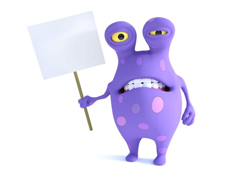 A cute charming cartoon monster holding a blank sign and looking disgusted. The monster is purple with big spots. White background.