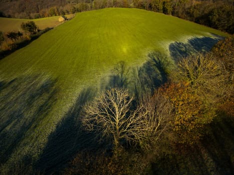 Forest and hills landscape at sunrise in  wintertime in Aveyron France