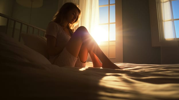 Young woman sitting on bed with naked legs in morning light
