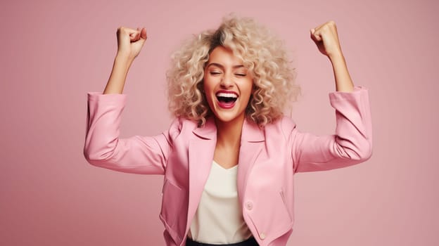 WOMAN in a pink suit standing on pink background, in the style of energetic and bold, princesscore, spirited portraits
