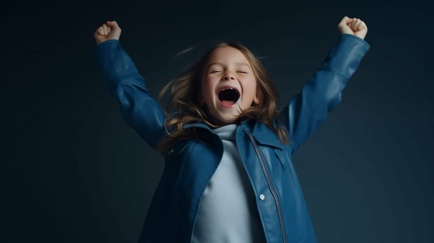 young girl in a blue suit standing on blue background, in the style of energetic and bold, princesscore, spirited portraits