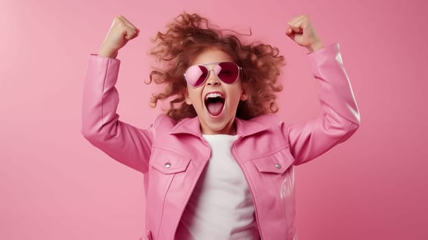kids celebrating joy in pink, in the style of deconstructed tailoring, strong facial expression, vibrant colorist, smooth and shiny