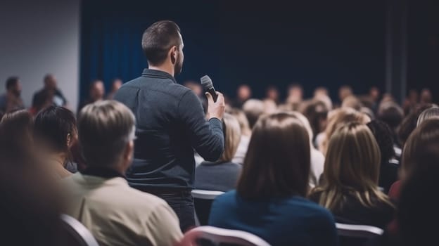 man in audience holding microphone and talking, in the style of dark teal and dark gray, strong use of color, academic precision. a man is giving a talk at a training conference