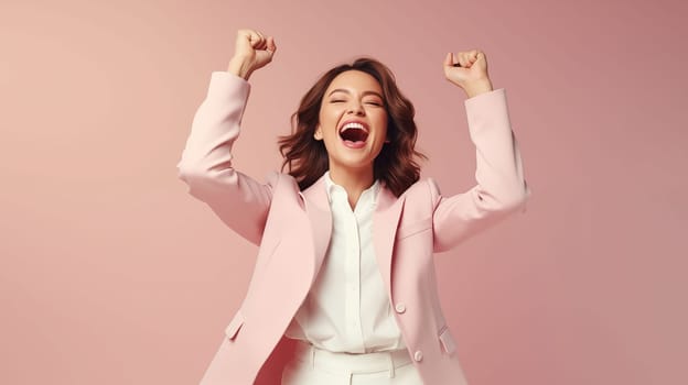 kids celebrating joy in pink, in the style of deconstructed tailoring, strong facial expression, vibrant colorist, smooth and shiny