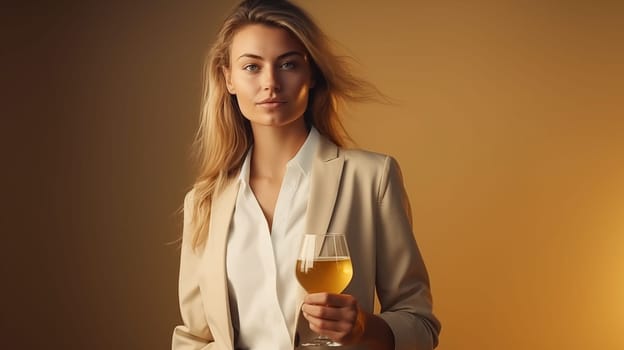 portrait business woman wearing business suit and holding a glass of beer on yellow backround