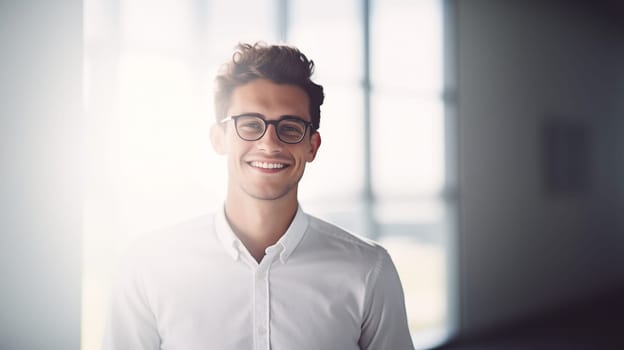 portrait of smiling business man wearing business suit in light office