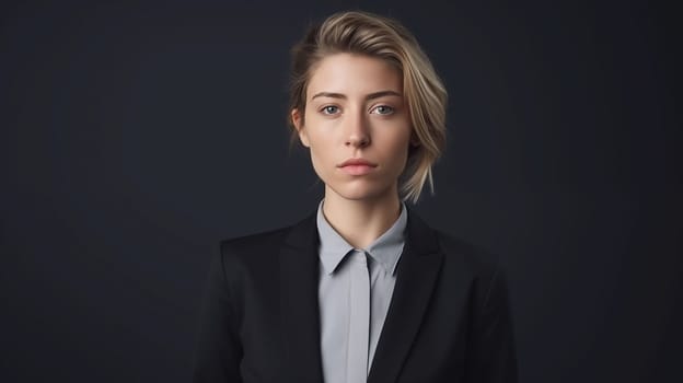 portrait of serious business woman wearing business suit and smiling