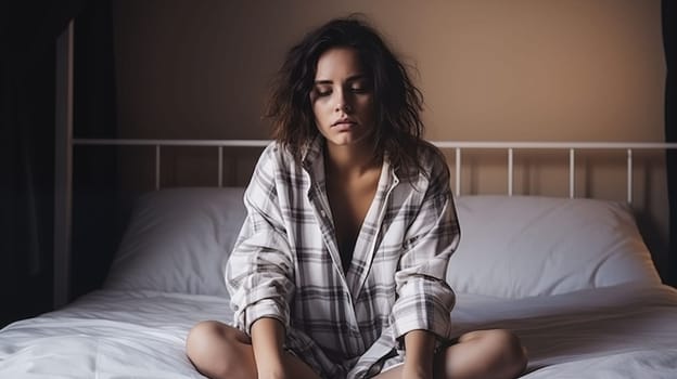 Woman suffering from depression in in bedroom. Sadness and burn out