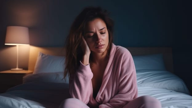 Woman suffering from depression in in bedroom. Sadness and burn out
