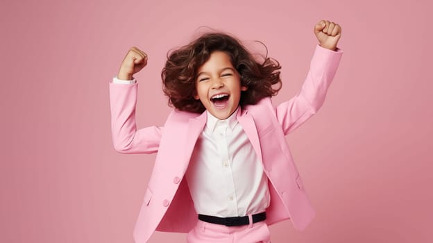 kids celebrating joy in pink, in the style of deconstructed tailoring, strong facial expression, vibrant colorist, smooth and shiny