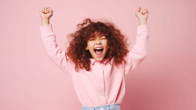 young girl in a pink suit standing on pink background, in the style of energetic and bold, princesscore, spirited portraits