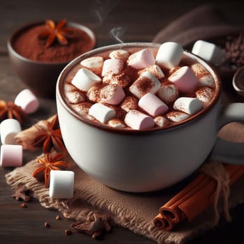 Cozy cup of hot chocolate with pink and white marshmallows, cinnamon sticks on a rustic wooden table