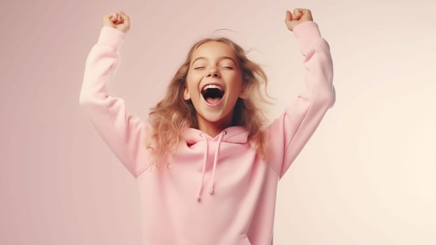 kids celebrating joy in pink, in the style of deconstructed tailoring, strong facial expression, vibrant colorist, smooth and shiny