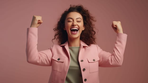 WOMAN in a pink suit standing on pink background, in the style of energetic and bold, princesscore, spirited portraits