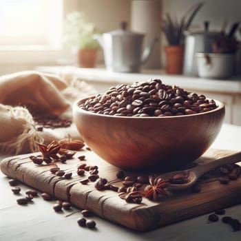 Wooden bowl filled with coffee beans on a cutting board, with star anise and kitchen utensils in the background