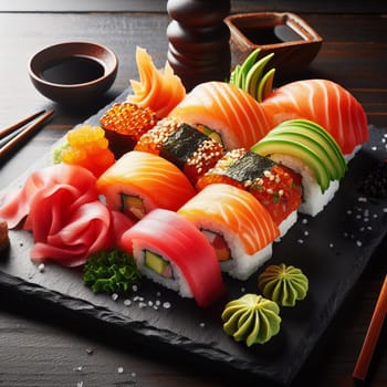 Sushi platter with various rolls and sashimi on a black slate plate, served with chopsticks and soy sauce on a dark wooden table