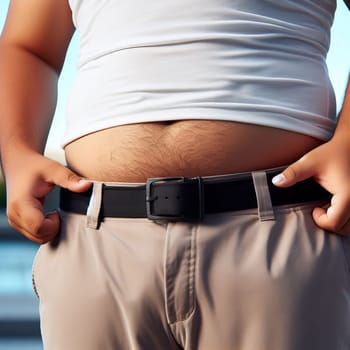 Close-up of a man's large belly wearing a white shirt and beige pants, emphasizing the belly and waistline