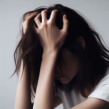 Distressed young girl with head in hands, expressing feelings of despair and sadness against a gray background. Depression, stress