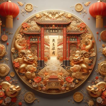 Chinese temple gate with lion statues and red lanterns in a circular frame. Chinese New Year