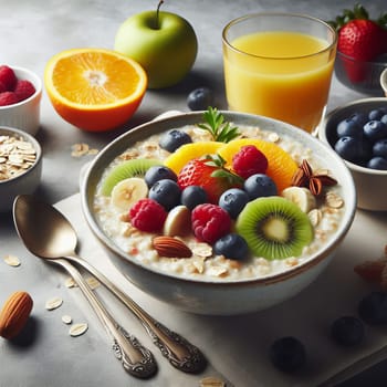 Healthy breakfast bowl with oatmeal, fruits, and nuts on a gray table