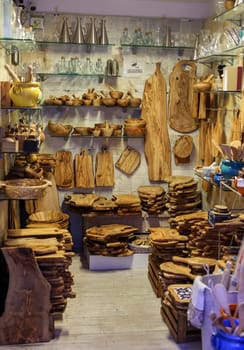 Massa Italy - Sept 11, 2022: A shop selling local and typical italian produce in the historic center of Massa Maritima. Tuscany.