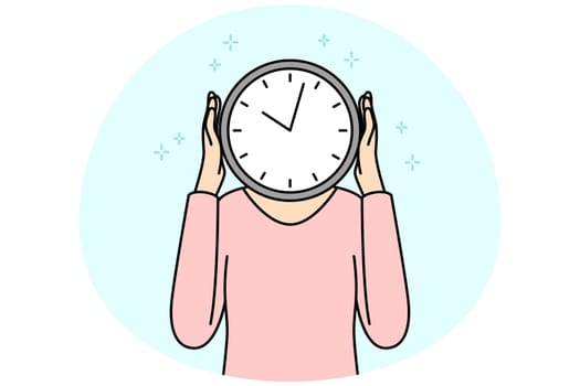 Person with clock instead of head. Man or woman with watch worried about missed deadline. Time management. Vector illustration.