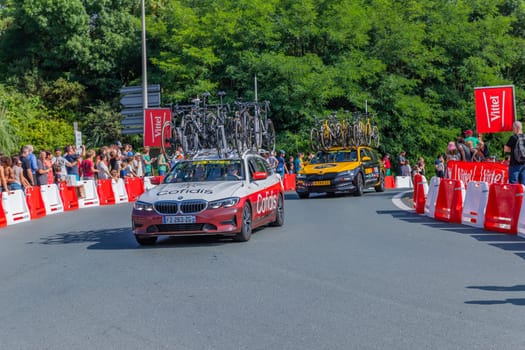 Bayonne, France: 03 July 2023: Car of racing team Cofidis of Tour de France in the 3 stage of "Le Tour de France"" in Bayonne, Basque Country. France."