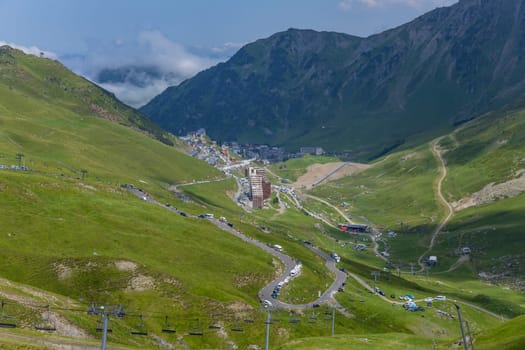Col du Tourmalet, France - July 06 2023: View at the top of the Col du Tourmalet in Pyerenees mountains during the stage 6 of Le Tour de France 2023