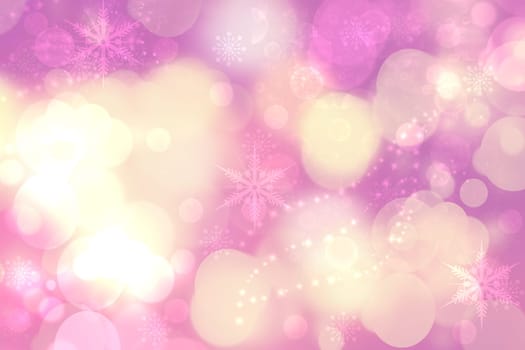 A festive abstract delicate Happy New Year or Christmas background texture with colorful gold yellow pink blurred bokeh lights and stars. Space for design. Card concept or advertising.