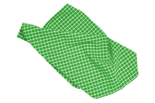 Closeup of a green and white checkered napkin or tablecloth texture isolated on white background. Clipping path. Kitchen accessories. Top view.