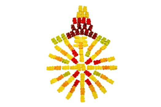 Gummy bears. Circle of fruity gummy bears with rainbow colors isolated on white. The top of the circle is a manufacturing error of gummy bears. Teddy bear circle.