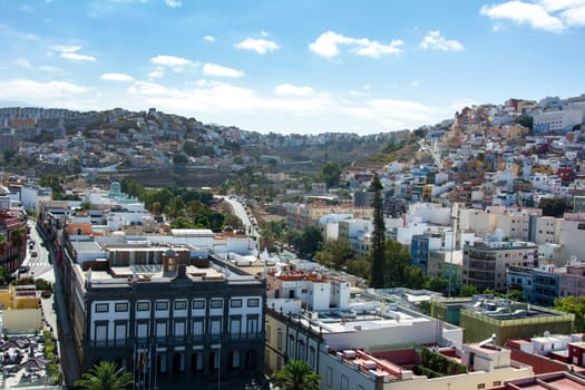 Panoramic top view of the capital Las Palmas Gran Canaria in Spain with blue sky