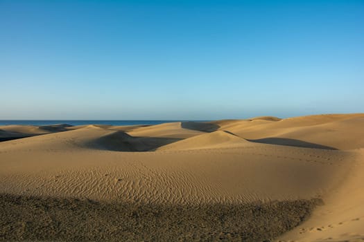 In the dunes of Maspalomas on Gran Canaria in Spain. View of the sea, with blue sky. The huge sand dunes resemble a small desert and are a nature reserve.
