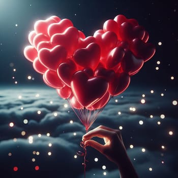 Hand holding red heart-shaped balloons against a starry night sky. Valentine's Day