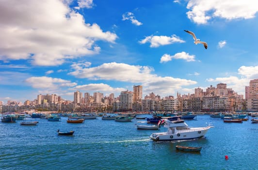 View on the coast of Alexandria, typical buildings and the Mediterranean sea of Egypt.