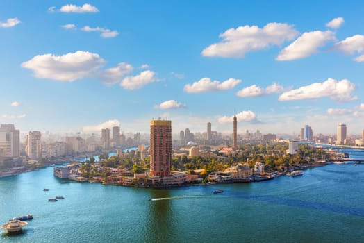 Gezira island on the Nile, exclusive aerial view of Cairo, Egypt.